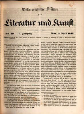 Österreichische Blätter für Literatur und Kunst, Geschichte, Geographie, Statistik und Naturkunde Donnerstag 2. April 1846