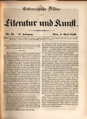 Österreichische Blätter für Literatur und Kunst, Geschichte, Geographie, Statistik und Naturkunde Samstag 4. April 1846