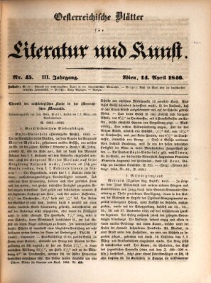 Österreichische Blätter für Literatur und Kunst, Geschichte, Geographie, Statistik und Naturkunde Dienstag 14. April 1846