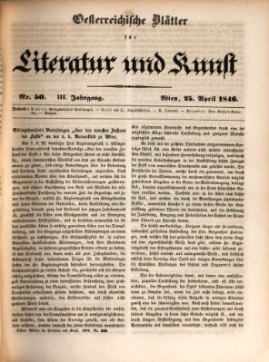 Österreichische Blätter für Literatur und Kunst, Geschichte, Geographie, Statistik und Naturkunde Samstag 25. April 1846