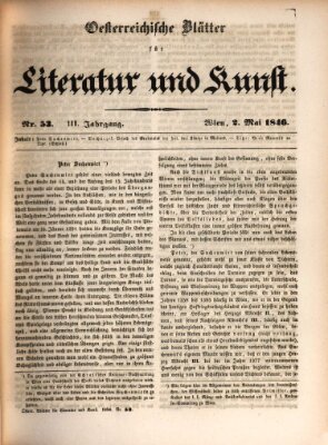 Österreichische Blätter für Literatur und Kunst, Geschichte, Geographie, Statistik und Naturkunde Samstag 2. Mai 1846