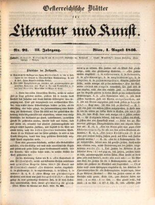 Österreichische Blätter für Literatur und Kunst, Geschichte, Geographie, Statistik und Naturkunde Samstag 1. August 1846