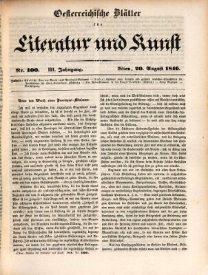 Österreichische Blätter für Literatur und Kunst, Geschichte, Geographie, Statistik und Naturkunde Donnerstag 20. August 1846