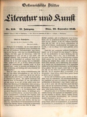 Österreichische Blätter für Literatur und Kunst, Geschichte, Geographie, Statistik und Naturkunde Dienstag 22. September 1846