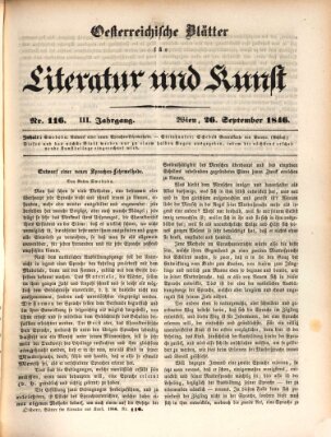 Österreichische Blätter für Literatur und Kunst, Geschichte, Geographie, Statistik und Naturkunde Samstag 26. September 1846