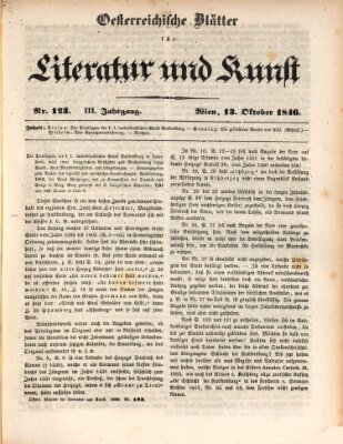 Österreichische Blätter für Literatur und Kunst, Geschichte, Geographie, Statistik und Naturkunde Dienstag 13. Oktober 1846