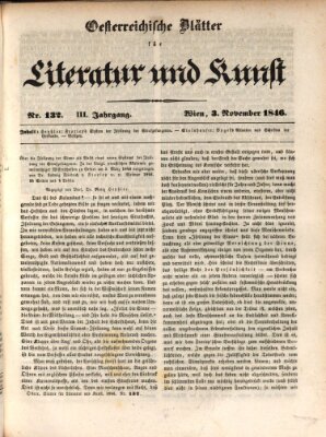 Österreichische Blätter für Literatur und Kunst, Geschichte, Geographie, Statistik und Naturkunde Dienstag 3. November 1846