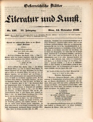 Österreichische Blätter für Literatur und Kunst, Geschichte, Geographie, Statistik und Naturkunde Samstag 14. November 1846