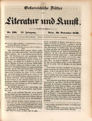 Österreichische Blätter für Literatur und Kunst, Geschichte, Geographie, Statistik und Naturkunde Montag 16. November 1846