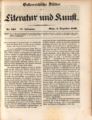 Österreichische Blätter für Literatur und Kunst, Geschichte, Geographie, Statistik und Naturkunde Dienstag 1. Dezember 1846