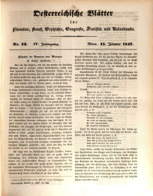 Österreichische Blätter für Literatur und Kunst, Geschichte, Geographie, Statistik und Naturkunde Freitag 15. Januar 1847