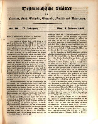 Österreichische Blätter für Literatur und Kunst, Geschichte, Geographie, Statistik und Naturkunde Donnerstag 4. Februar 1847