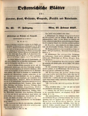 Österreichische Blätter für Literatur und Kunst, Geschichte, Geographie, Statistik und Naturkunde Mittwoch 17. Februar 1847