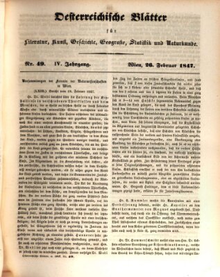 Österreichische Blätter für Literatur und Kunst, Geschichte, Geographie, Statistik und Naturkunde Freitag 26. Februar 1847