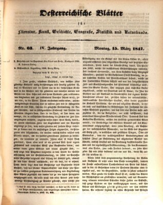 Österreichische Blätter für Literatur und Kunst, Geschichte, Geographie, Statistik und Naturkunde Montag 15. März 1847