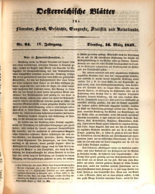 Österreichische Blätter für Literatur und Kunst, Geschichte, Geographie, Statistik und Naturkunde Dienstag 16. März 1847