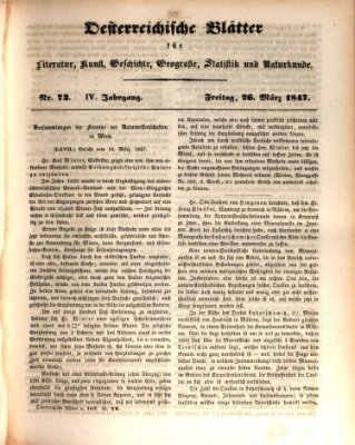 Österreichische Blätter für Literatur und Kunst, Geschichte, Geographie, Statistik und Naturkunde Freitag 26. März 1847