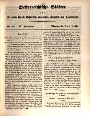 Österreichische Blätter für Literatur und Kunst, Geschichte, Geographie, Statistik und Naturkunde Montag 5. April 1847