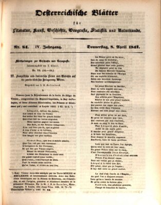 Österreichische Blätter für Literatur und Kunst, Geschichte, Geographie, Statistik und Naturkunde Donnerstag 8. April 1847