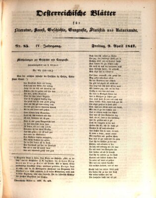 Österreichische Blätter für Literatur und Kunst, Geschichte, Geographie, Statistik und Naturkunde Freitag 9. April 1847