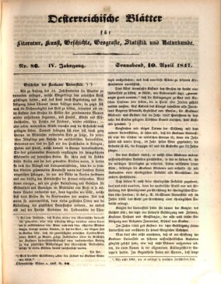 Österreichische Blätter für Literatur und Kunst, Geschichte, Geographie, Statistik und Naturkunde Samstag 10. April 1847