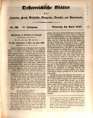 Österreichische Blätter für Literatur und Kunst, Geschichte, Geographie, Statistik und Naturkunde Mittwoch 14. April 1847