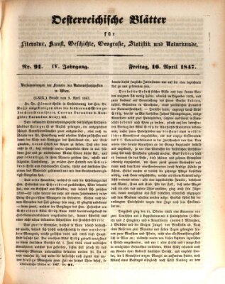 Österreichische Blätter für Literatur und Kunst, Geschichte, Geographie, Statistik und Naturkunde Freitag 16. April 1847