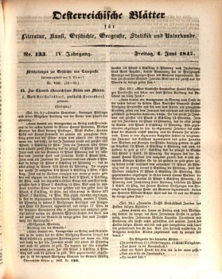 Österreichische Blätter für Literatur und Kunst, Geschichte, Geographie, Statistik und Naturkunde Freitag 4. Juni 1847