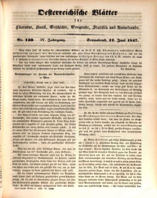 Österreichische Blätter für Literatur und Kunst, Geschichte, Geographie, Statistik und Naturkunde Samstag 12. Juni 1847