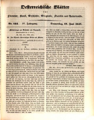 Österreichische Blätter für Literatur und Kunst, Geschichte, Geographie, Statistik und Naturkunde Donnerstag 17. Juni 1847