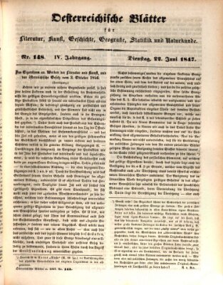 Österreichische Blätter für Literatur und Kunst, Geschichte, Geographie, Statistik und Naturkunde Dienstag 22. Juni 1847