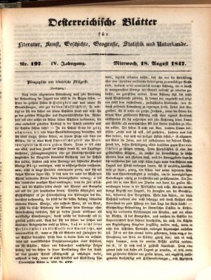 Österreichische Blätter für Literatur und Kunst, Geschichte, Geographie, Statistik und Naturkunde Mittwoch 18. August 1847