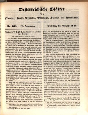 Österreichische Blätter für Literatur und Kunst, Geschichte, Geographie, Statistik und Naturkunde Dienstag 31. August 1847