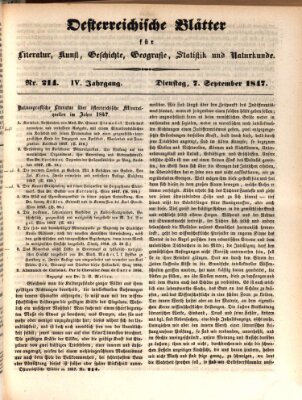 Österreichische Blätter für Literatur und Kunst, Geschichte, Geographie, Statistik und Naturkunde Dienstag 7. September 1847