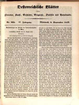 Österreichische Blätter für Literatur und Kunst, Geschichte, Geographie, Statistik und Naturkunde Mittwoch 8. September 1847