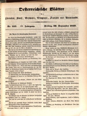 Österreichische Blätter für Literatur und Kunst, Geschichte, Geographie, Statistik und Naturkunde Freitag 10. September 1847