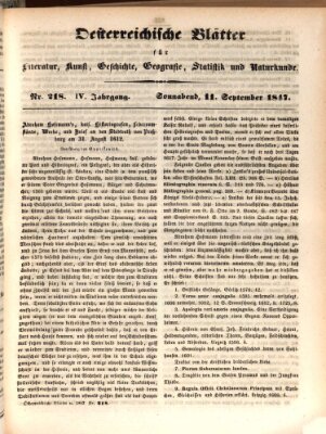 Österreichische Blätter für Literatur und Kunst, Geschichte, Geographie, Statistik und Naturkunde Samstag 11. September 1847