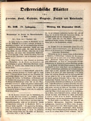 Österreichische Blätter für Literatur und Kunst, Geschichte, Geographie, Statistik und Naturkunde Montag 13. September 1847