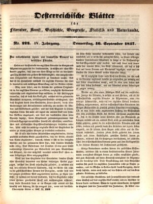 Österreichische Blätter für Literatur und Kunst, Geschichte, Geographie, Statistik und Naturkunde Donnerstag 16. September 1847