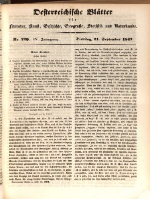 Österreichische Blätter für Literatur und Kunst, Geschichte, Geographie, Statistik und Naturkunde Dienstag 21. September 1847