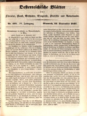 Österreichische Blätter für Literatur und Kunst, Geschichte, Geographie, Statistik und Naturkunde Mittwoch 22. September 1847