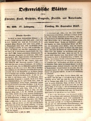 Österreichische Blätter für Literatur und Kunst, Geschichte, Geographie, Statistik und Naturkunde Dienstag 28. September 1847