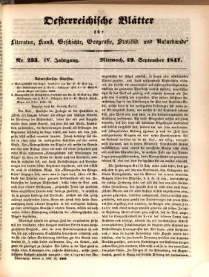 Österreichische Blätter für Literatur und Kunst, Geschichte, Geographie, Statistik und Naturkunde Mittwoch 29. September 1847