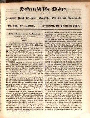 Österreichische Blätter für Literatur und Kunst, Geschichte, Geographie, Statistik und Naturkunde Donnerstag 30. September 1847