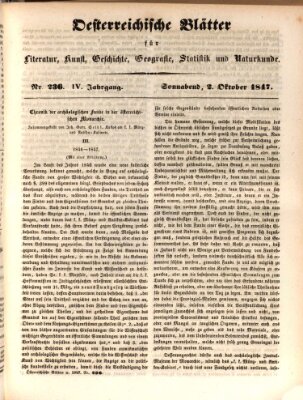 Österreichische Blätter für Literatur und Kunst, Geschichte, Geographie, Statistik und Naturkunde Samstag 2. Oktober 1847