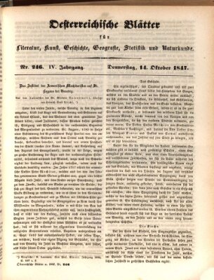 Österreichische Blätter für Literatur und Kunst, Geschichte, Geographie, Statistik und Naturkunde Donnerstag 14. Oktober 1847