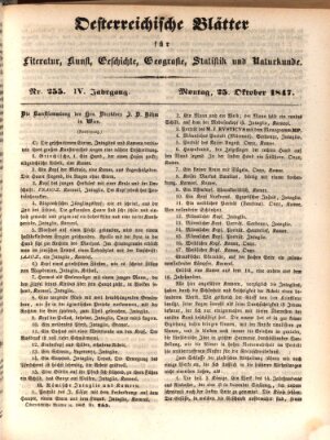 Österreichische Blätter für Literatur und Kunst, Geschichte, Geographie, Statistik und Naturkunde Montag 25. Oktober 1847