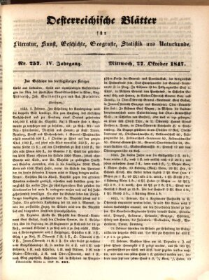 Österreichische Blätter für Literatur und Kunst, Geschichte, Geographie, Statistik und Naturkunde Mittwoch 27. Oktober 1847