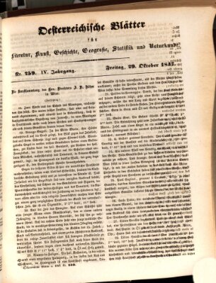 Österreichische Blätter für Literatur und Kunst, Geschichte, Geographie, Statistik und Naturkunde Freitag 29. Oktober 1847