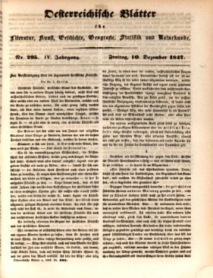 Österreichische Blätter für Literatur und Kunst, Geschichte, Geographie, Statistik und Naturkunde Freitag 10. Dezember 1847